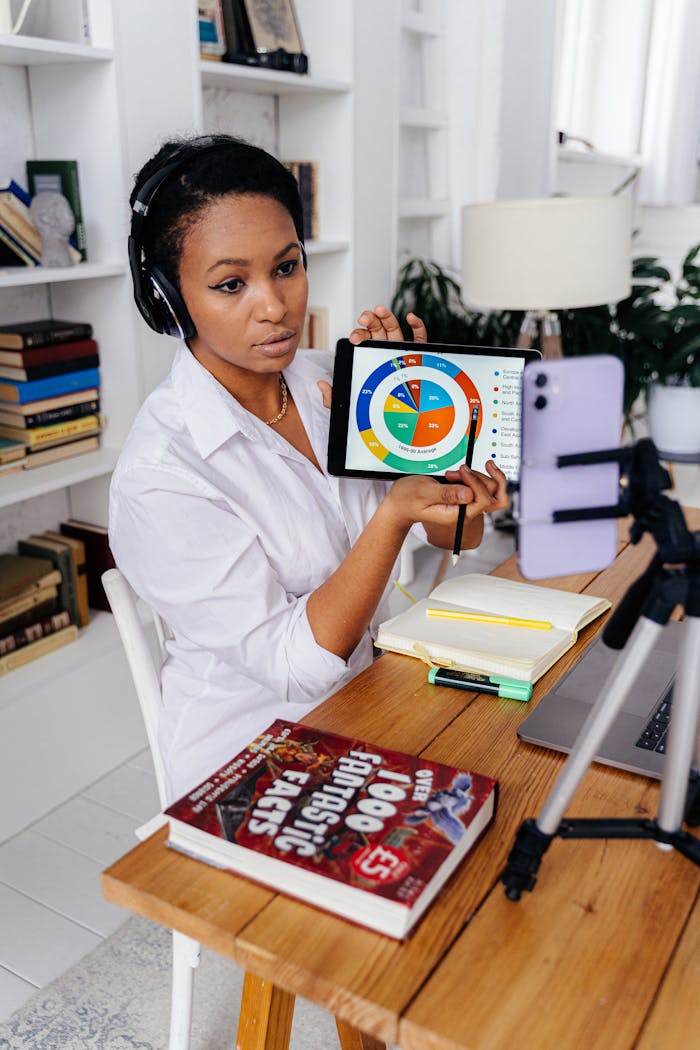 A woman using a tablet to conduct an online presentation in a home office setting.